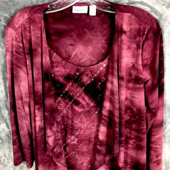 Kim Rogers Top Women’s Petite Small  Burgundy Sequined Shirt - Picture 8 of 16